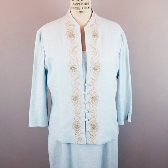 Jessica Howard Mint Linen Sheath Dress with Embroidered Jacket Women's Size 14 - Picture 2 of 12